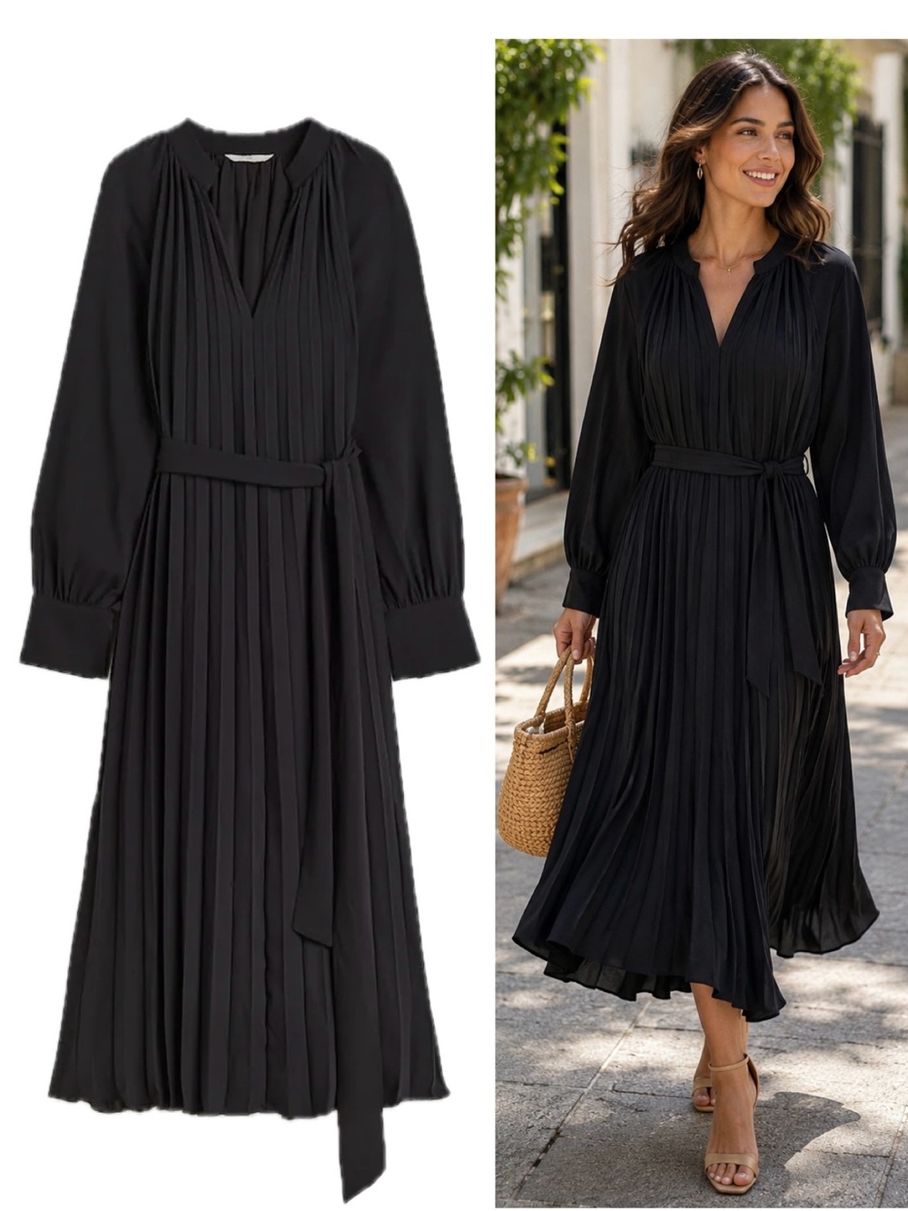 H&M Black Pleated Midi Dress Belted Long Sleeve Elegant Cocktail Party Sz S